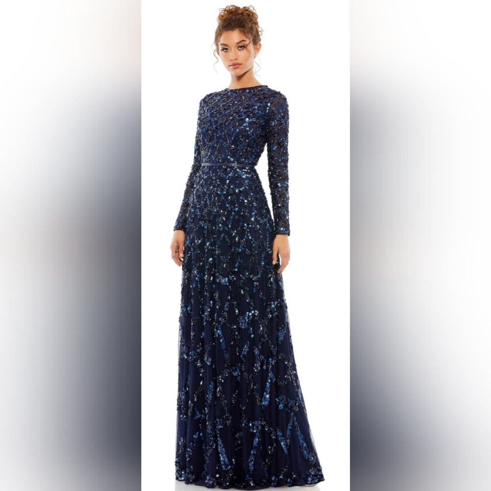 Mac Duggal EMBELLISHED ILLUSION HIGH NECK LONG SLEEVE GOWN NWT size 12 Blue 5496